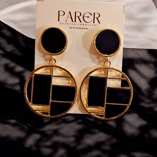 Geometric Enamel Drop Earrings (Black & Gold)