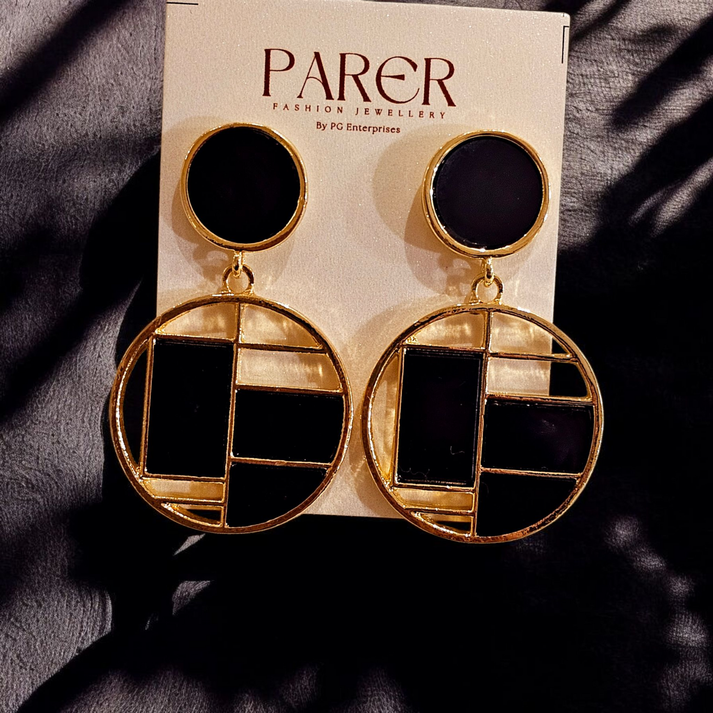 Geometric Enamel Drop Earrings (Black & Gold)