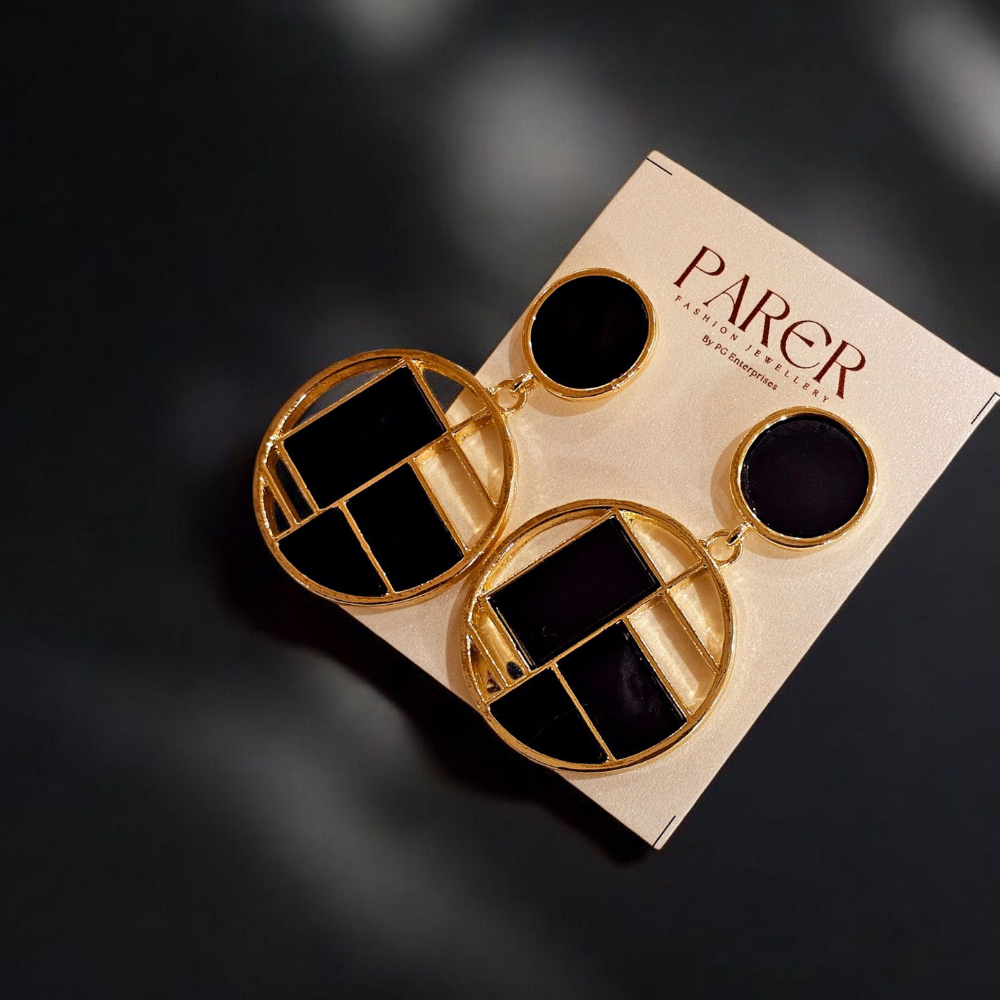 Geometric Enamel Drop Earrings (Black & Gold)