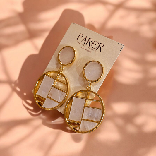 Geometric Enamel Drop Earrings (White & Gold)