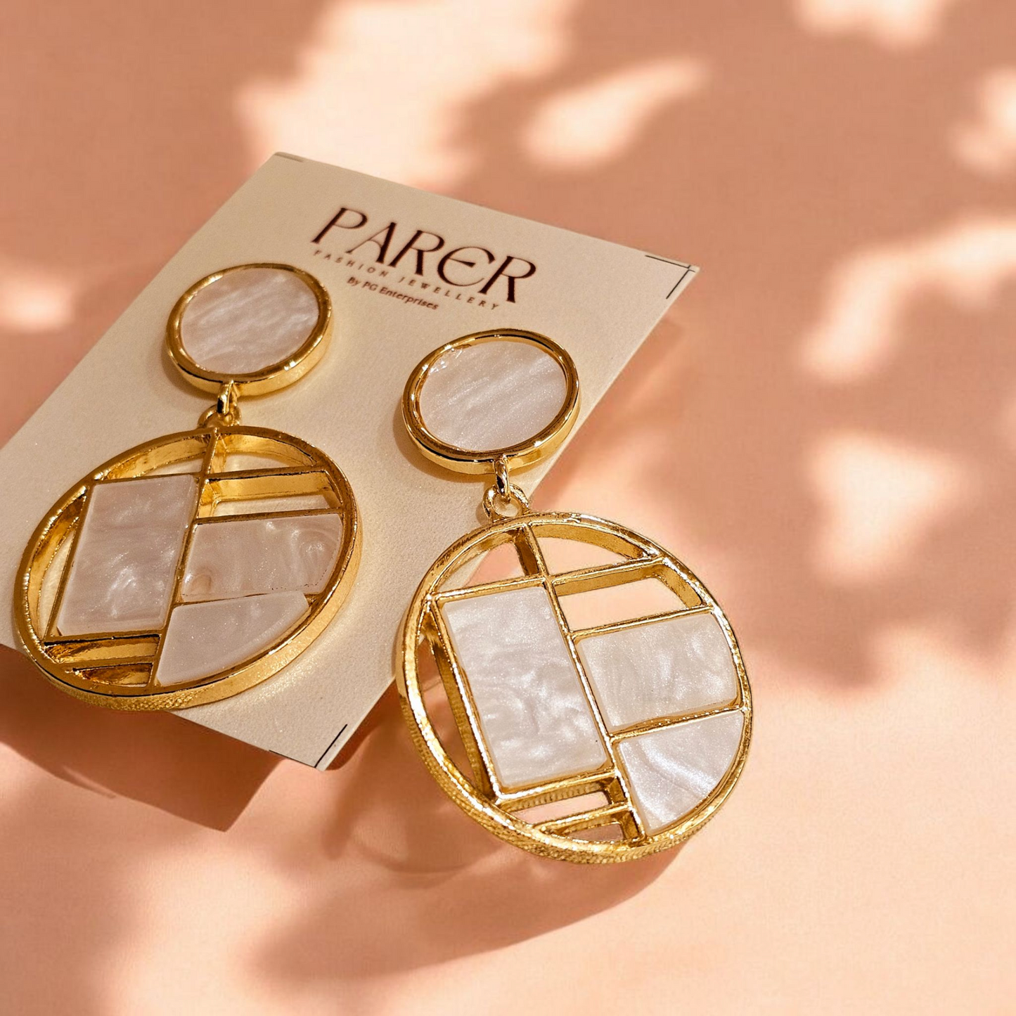 Geometric Enamel Drop Earrings (White & Gold)