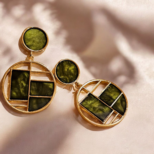 Geometric Enamel Drop Earrings (Green & Gold)