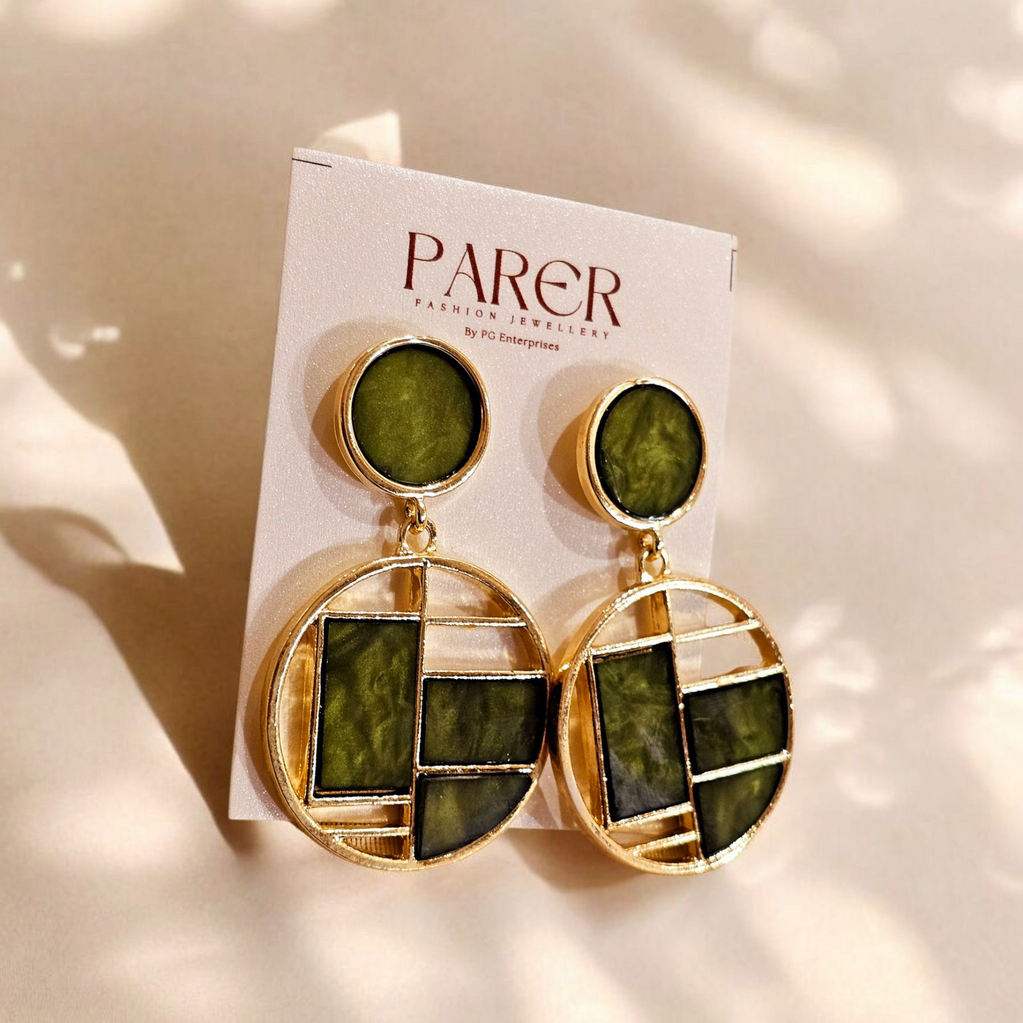 Geometric Enamel Drop Earrings (Green & Gold)