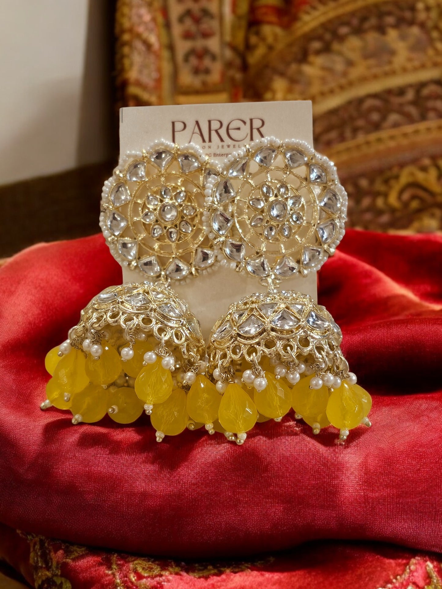 Kundan Blossom Jhumka Earrings – Gold Finish with Yellow Beads & Pearls