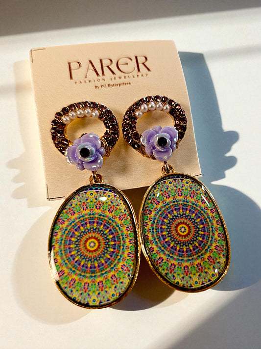 Boho Mandala Statement Earrings – Colourful Enamel with Floral Accents