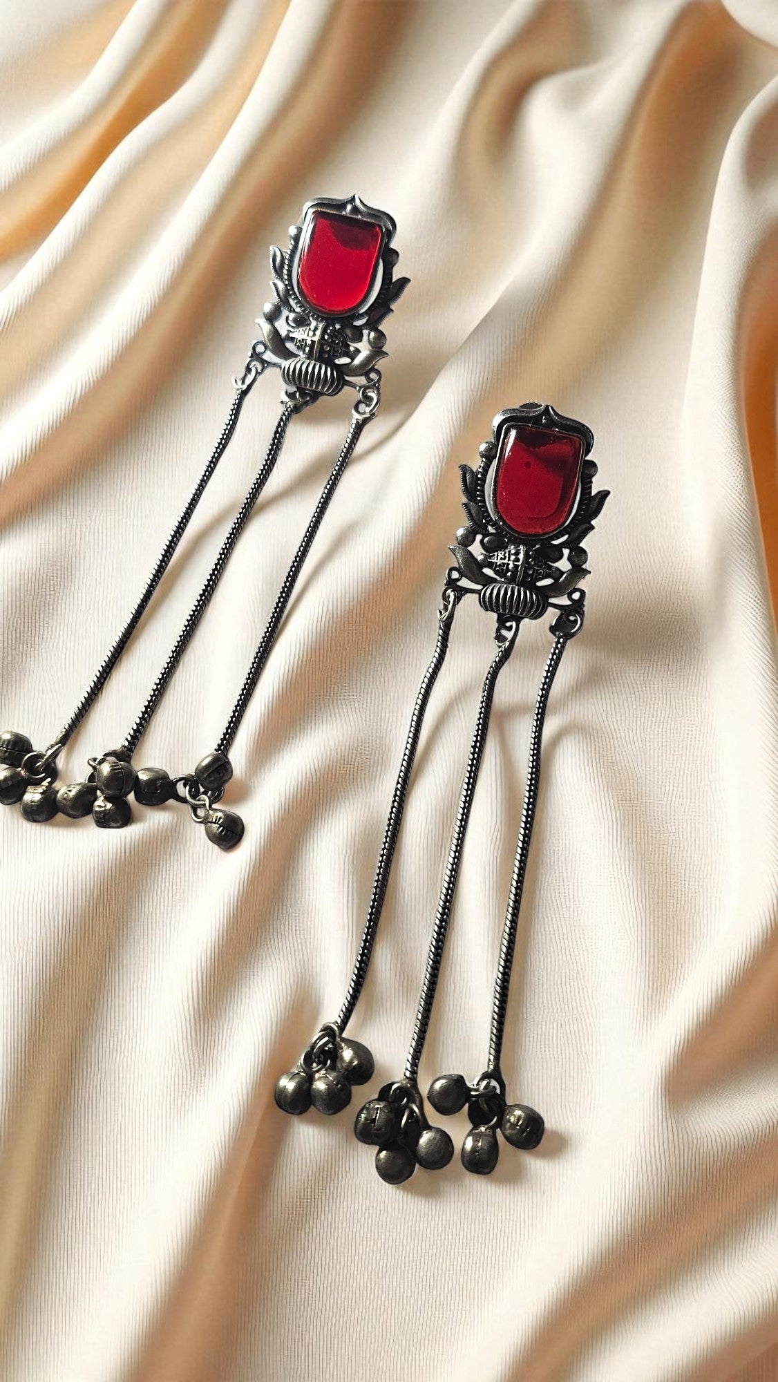 Heritage Ruby Stone Tribal Long Earrings