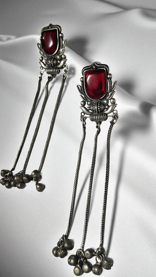 Heritage Ruby Stone Tribal Long Earrings