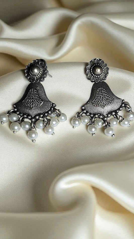Floral Bell Oxidised Pearl Drop Earrings