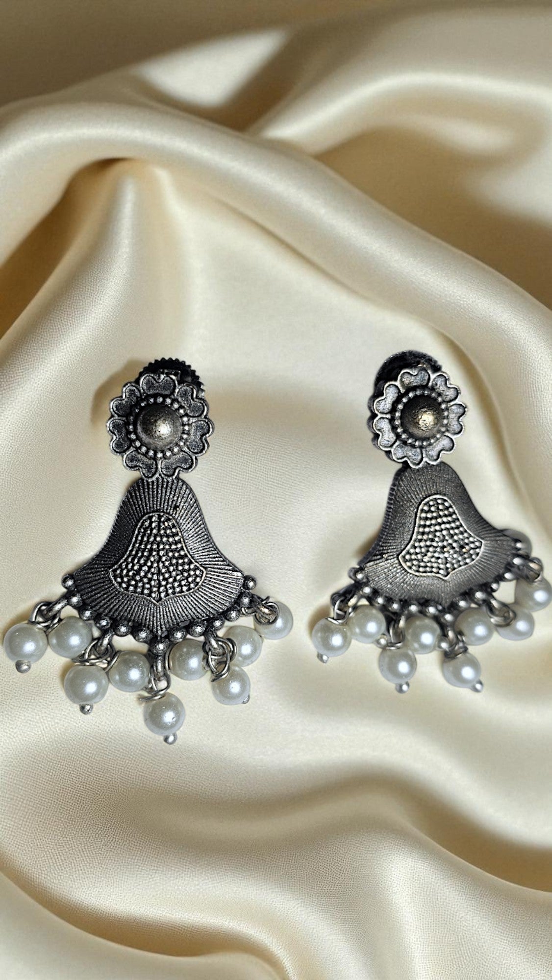 Floral Bell Oxidised Pearl Drop Earrings