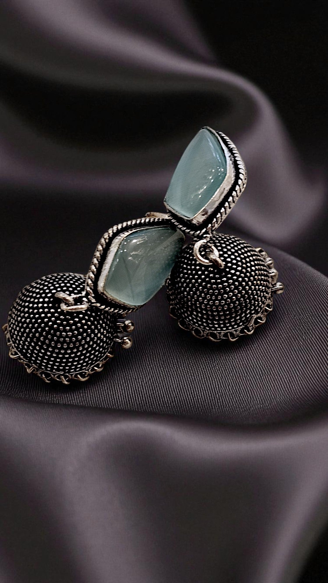 Aqua Stone Oxidised Jhumka Earrings