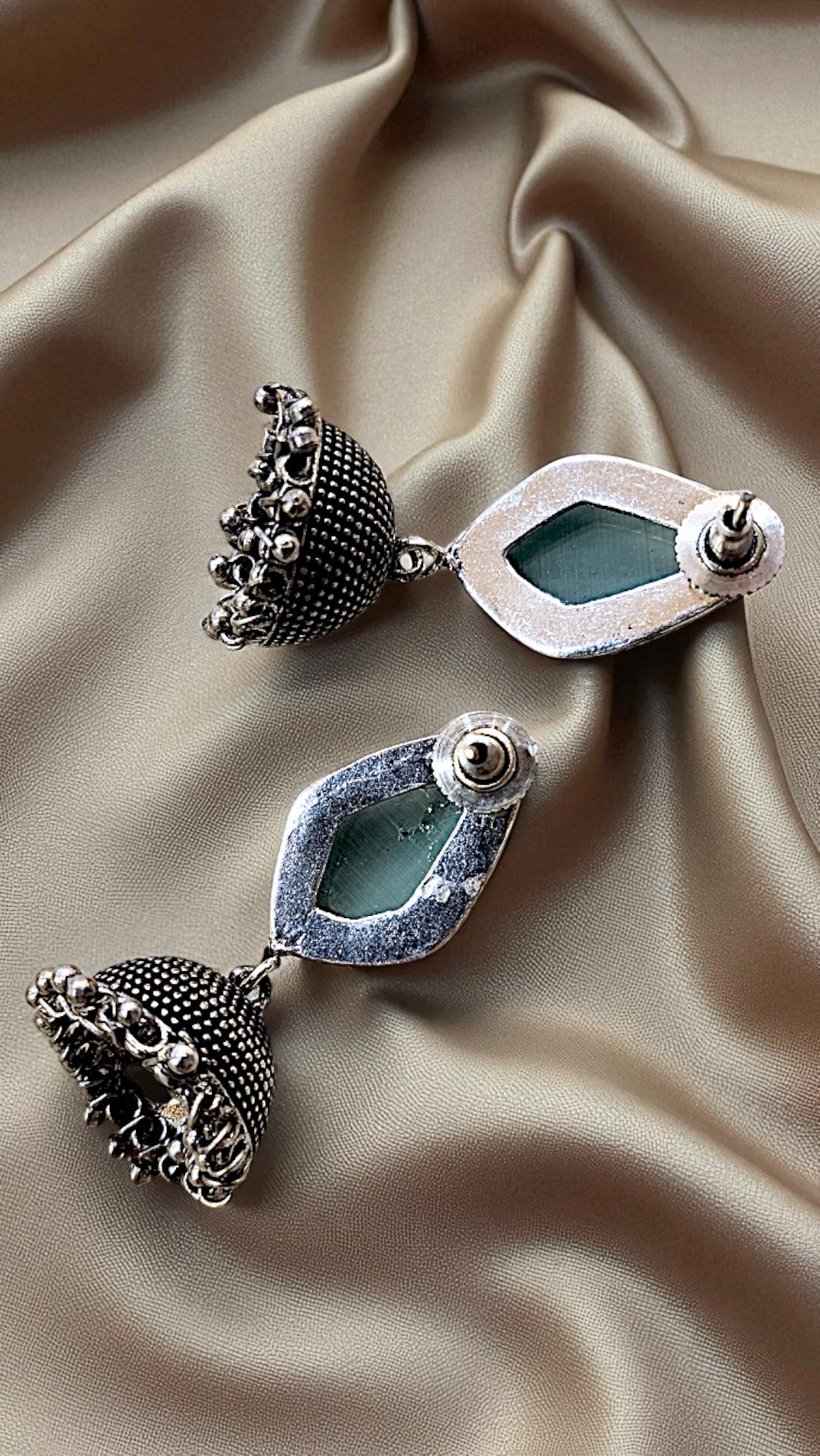 Aqua Stone Oxidised Jhumka Earrings