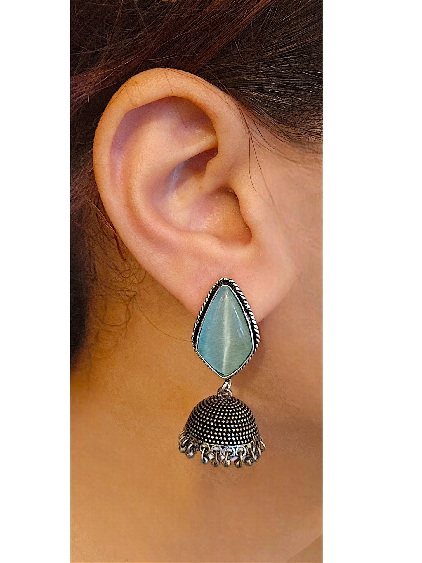Aqua Stone Oxidised Jhumka Earrings