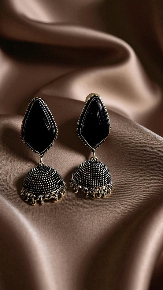 Midnight Black Stone Oxidised Jhumka Earrings