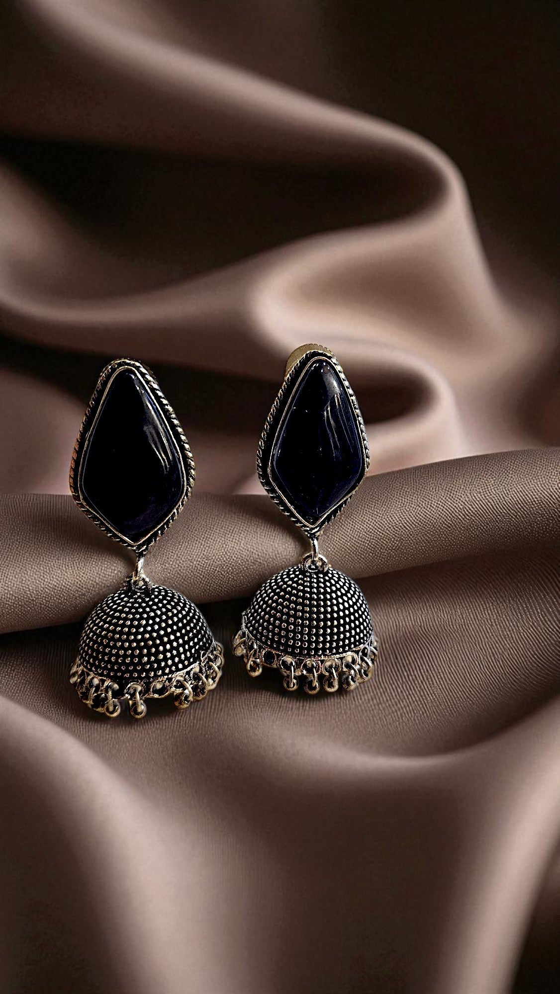 Midnight Black Stone Oxidised Jhumka Earrings