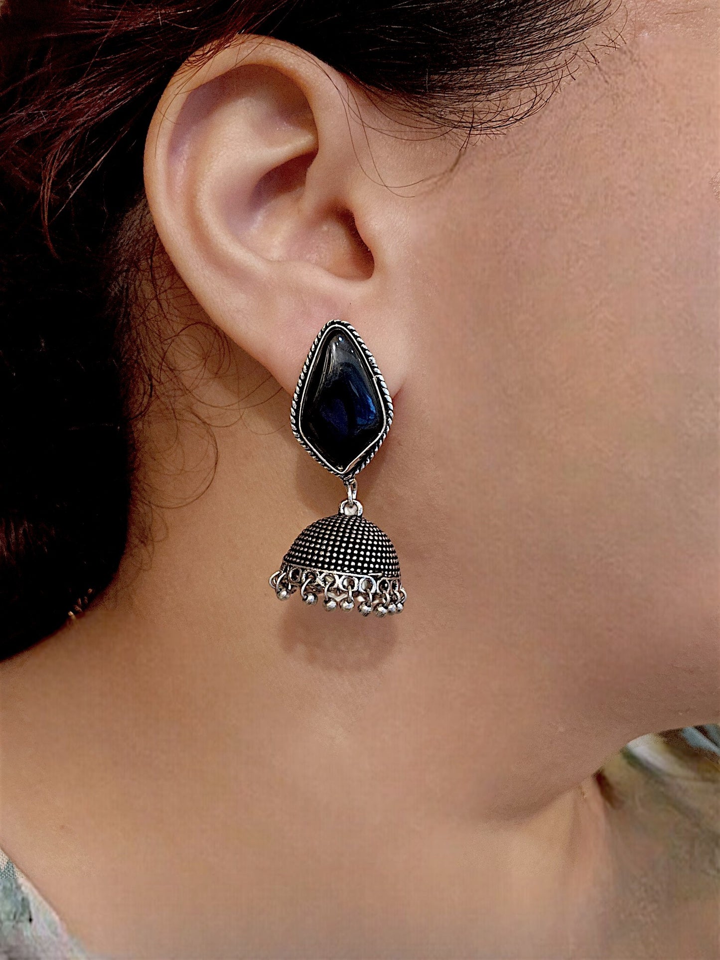 Midnight Black Stone Oxidised Jhumka Earrings