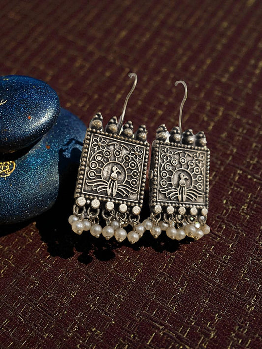 Peacock Temple Oxidised Pearl Earrings