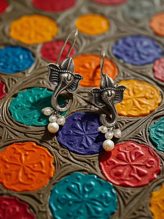 Ganesha Blessings Oxidised Pearl Earrings