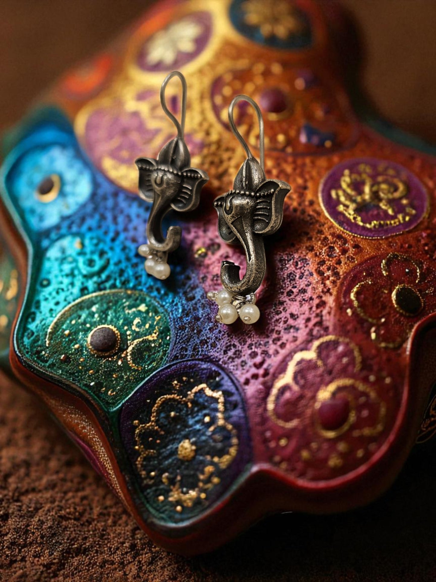 Ganesha Blessings Oxidised Pearl Earrings