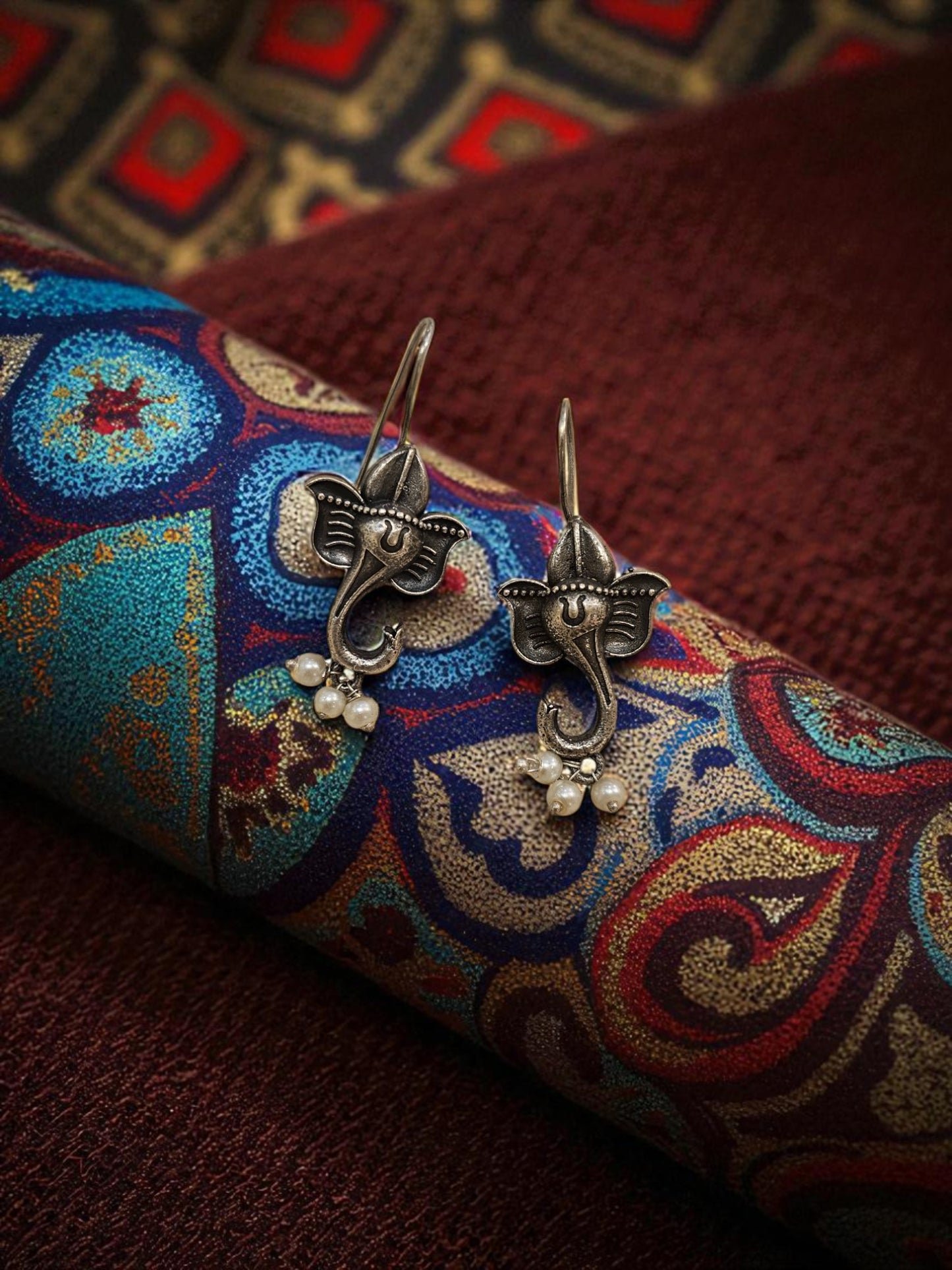 Ganesha Blessings Oxidised Pearl Earrings