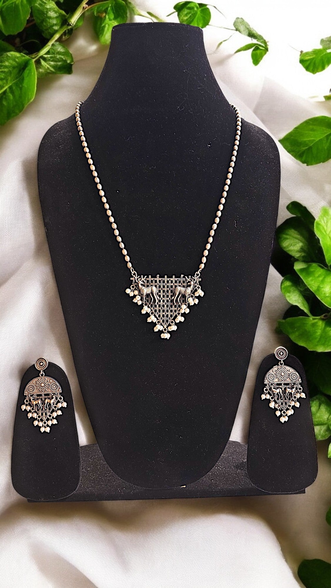 Tribal Mesh Oxidised Necklace Set with Earrings