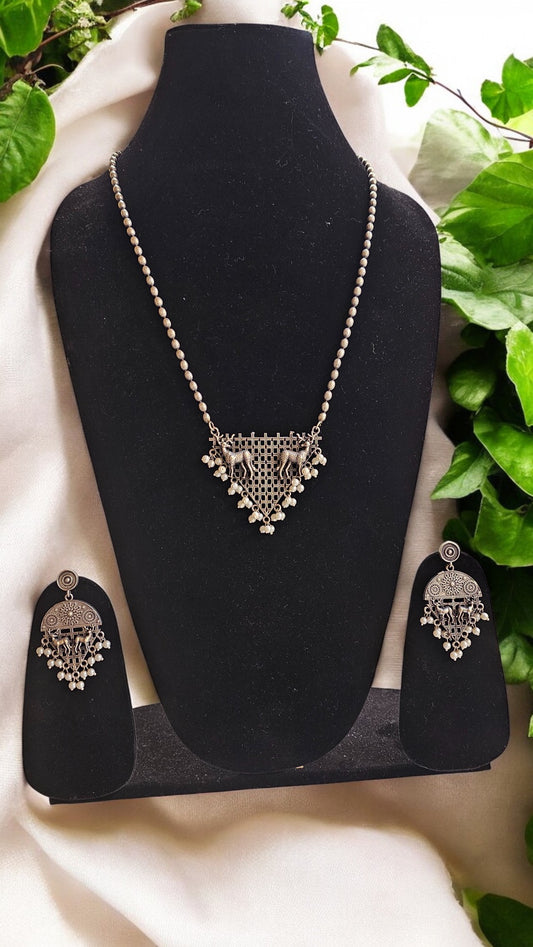 Tribal Mesh Oxidised Necklace Set with Earrings