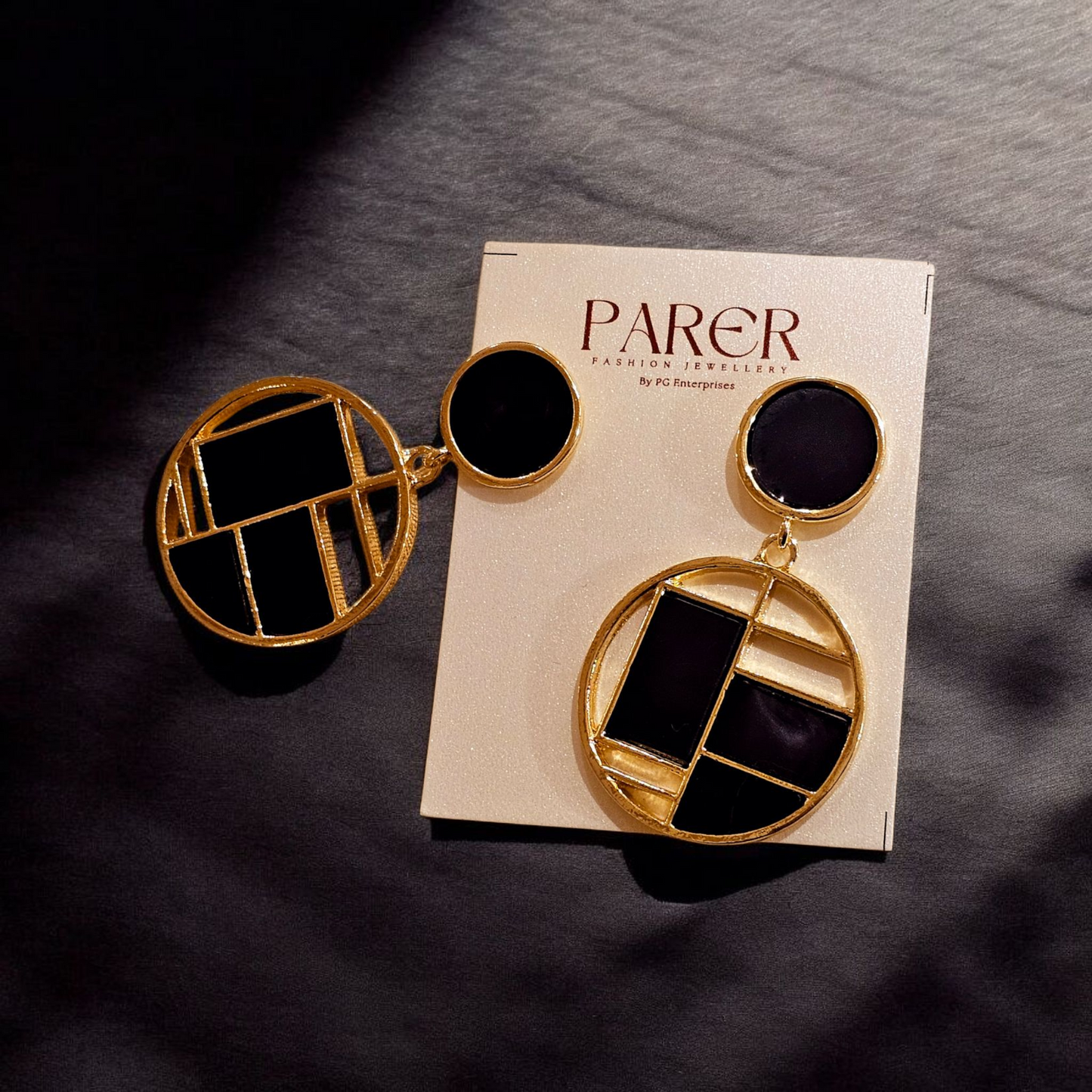 Geometric Enamel Drop Earrings (Black & Gold)