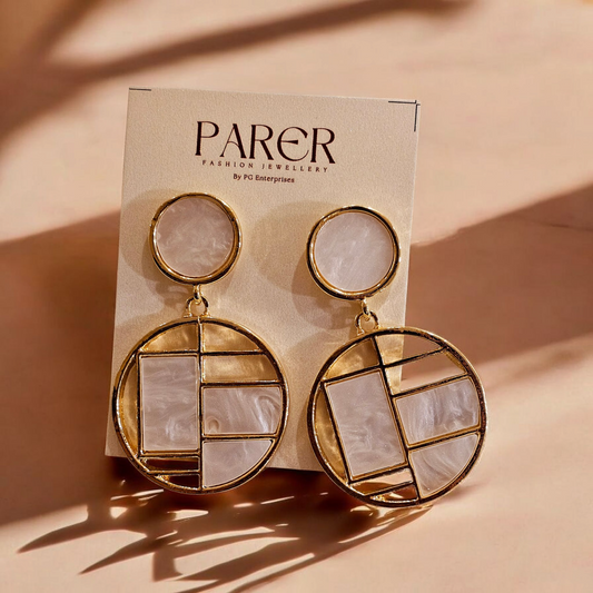 Geometric Enamel Drop Earrings (White & Gold)