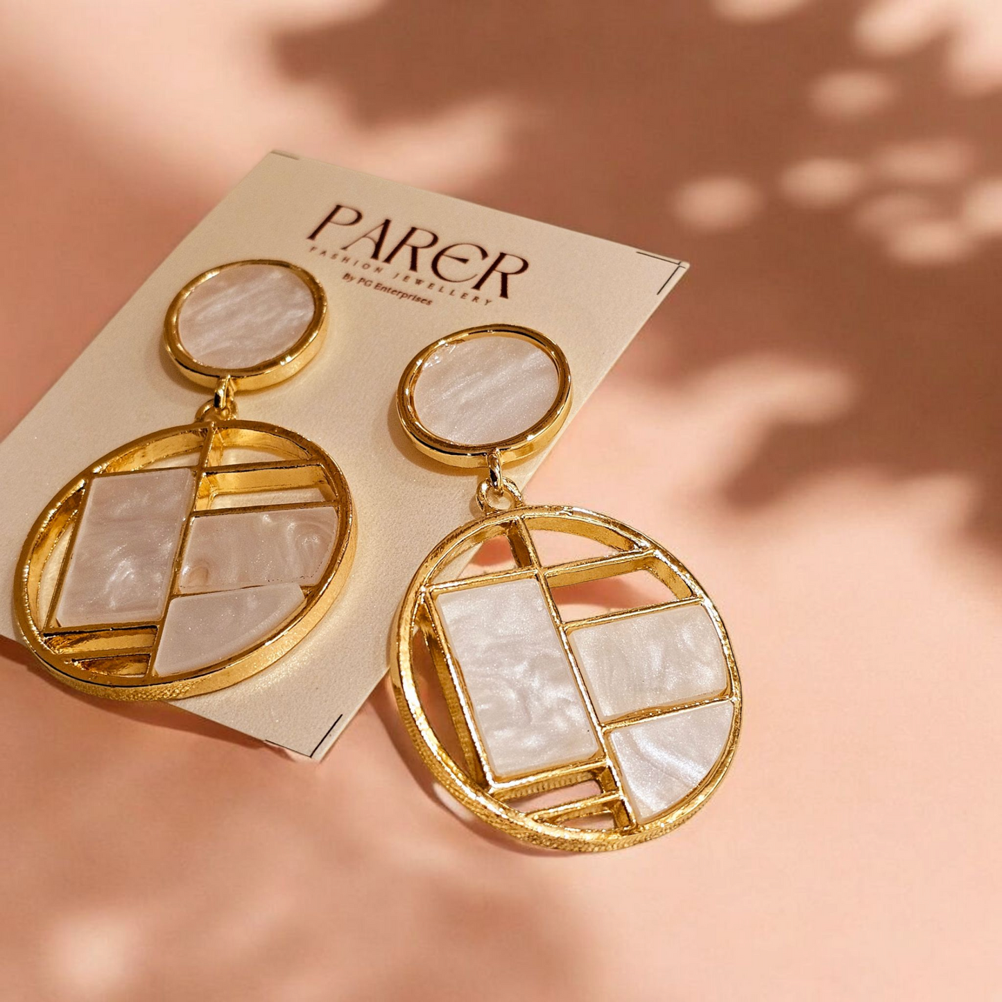 Geometric Enamel Drop Earrings (White & Gold)