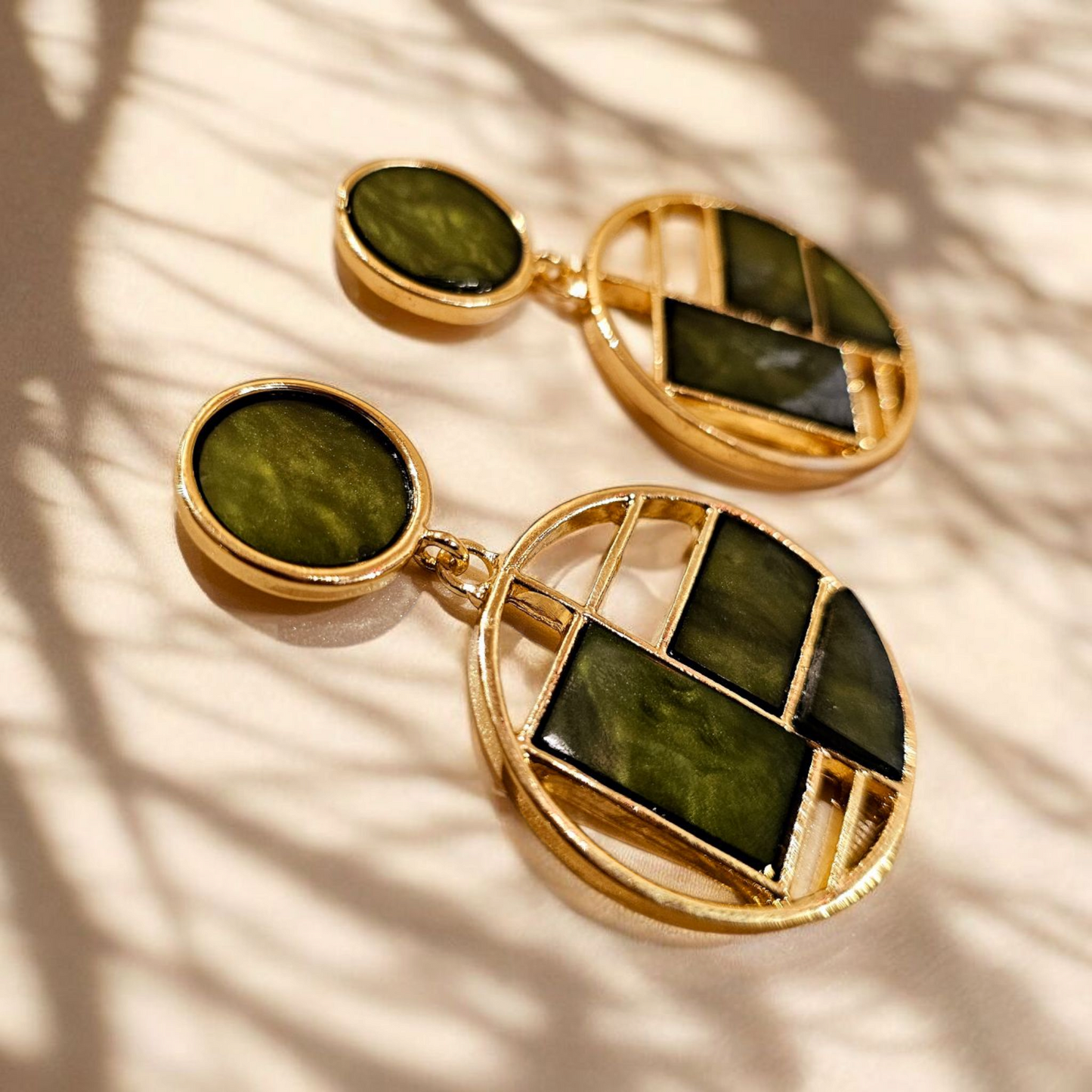 Geometric Enamel Drop Earrings (Green & Gold)