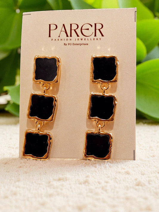 Midnight Noir Geometric Drop Earrings – Gold-Plated with Black