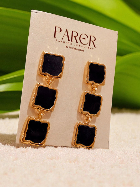 Midnight Noir Geometric Drop Earrings – Gold-Plated with Black