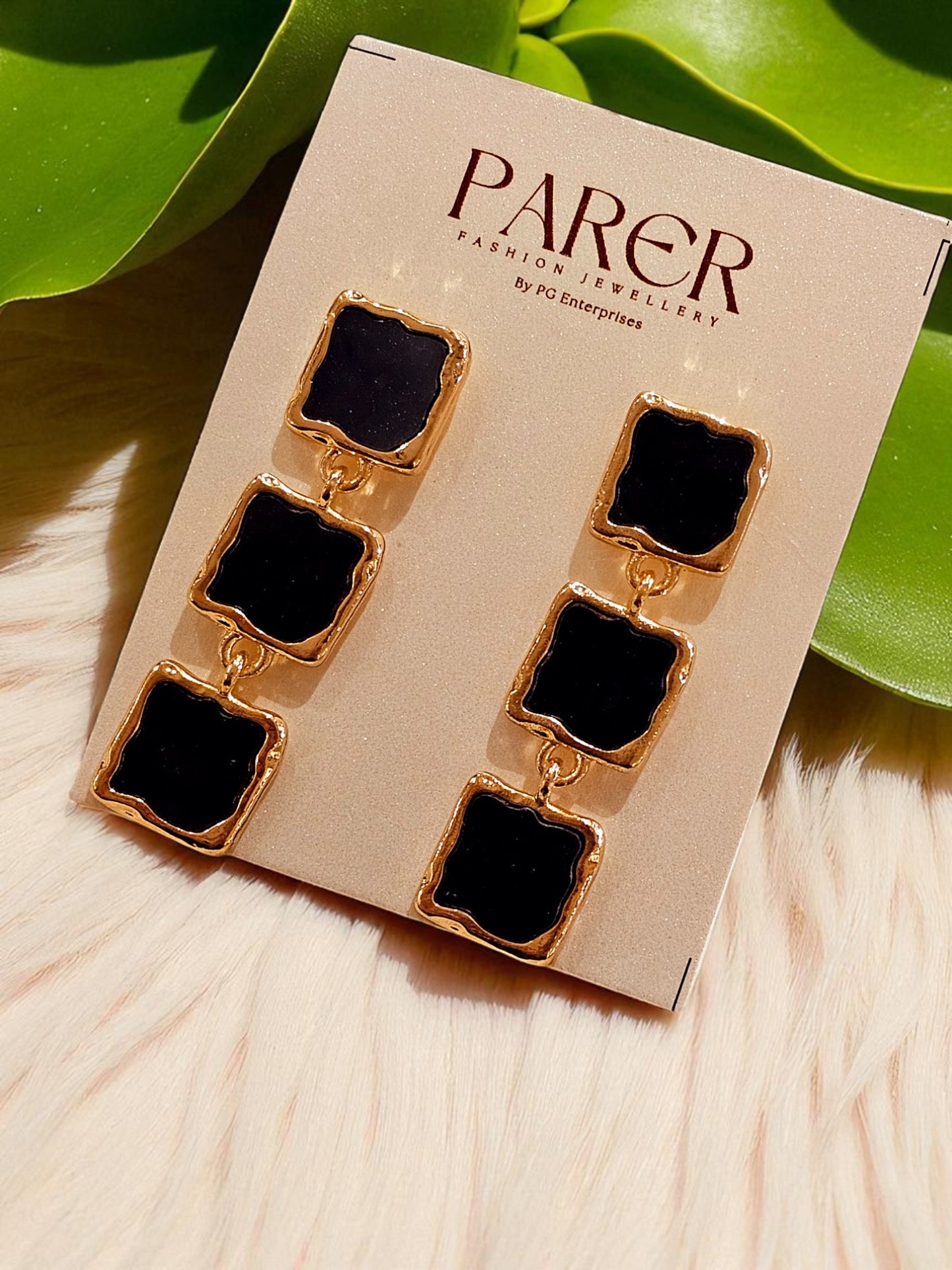 Midnight Noir Geometric Drop Earrings – Gold-Plated with Black