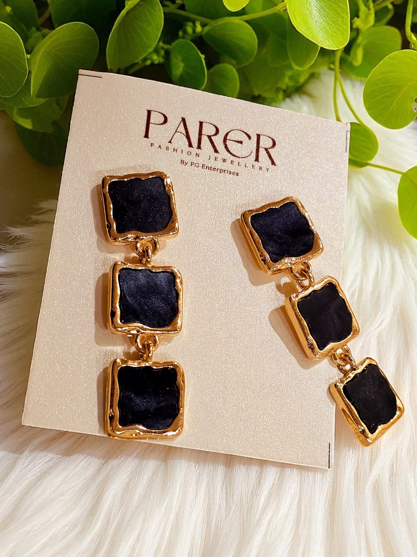 Midnight Noir Geometric Drop Earrings – Gold-Plated with Black