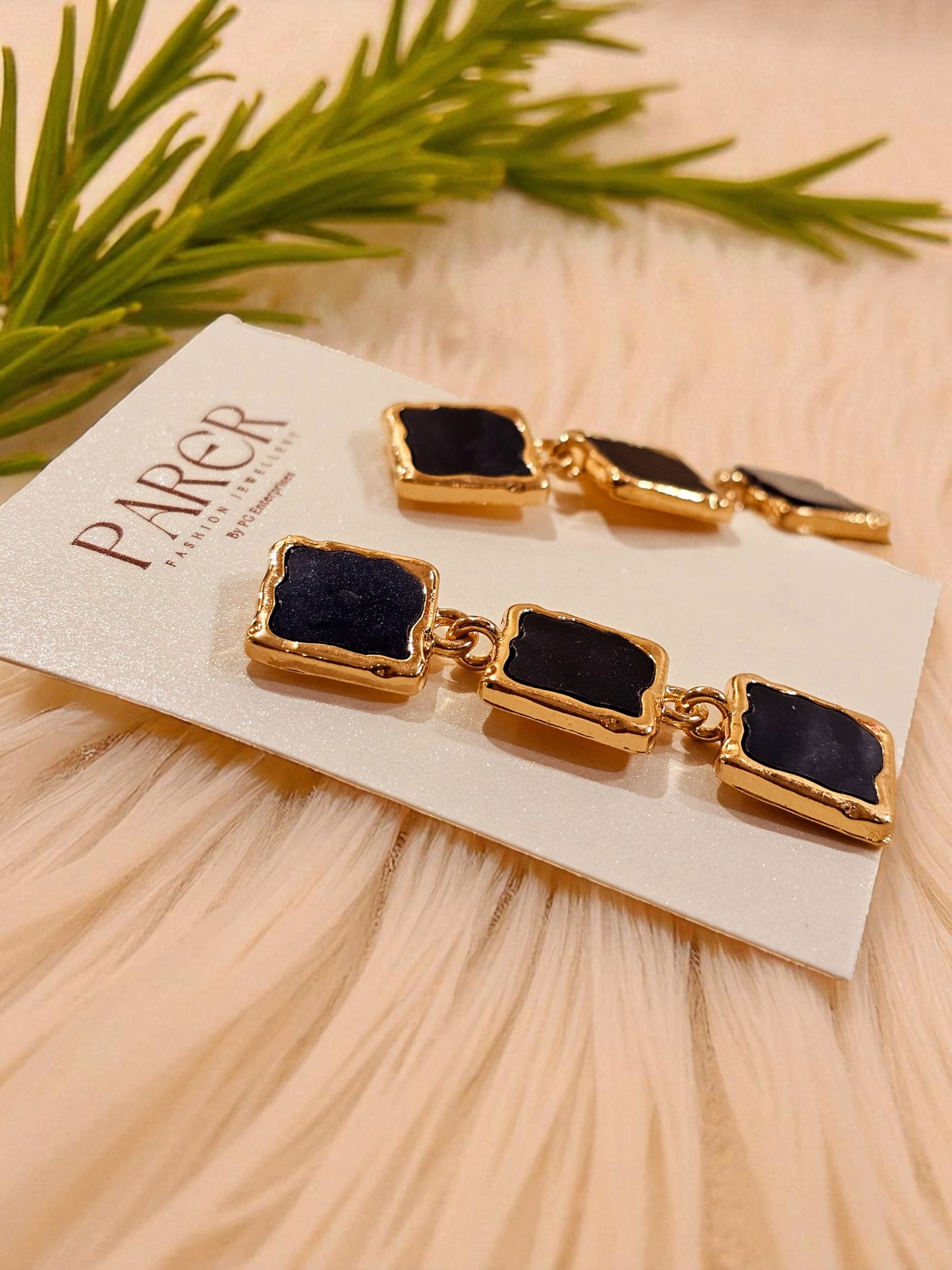 Midnight Noir Geometric Drop Earrings – Gold-Plated with Black