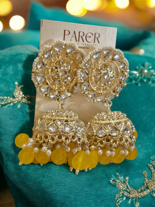 Kundan Blossom Jhumka Earrings – Gold Finish with Yellow Beads & Pearls