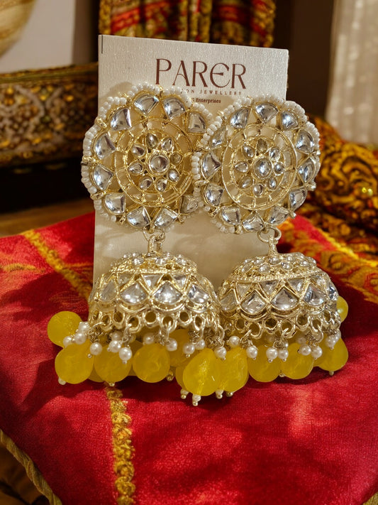 Kundan Blossom Jhumka Earrings – Gold Finish with Yellow Beads & Pearls