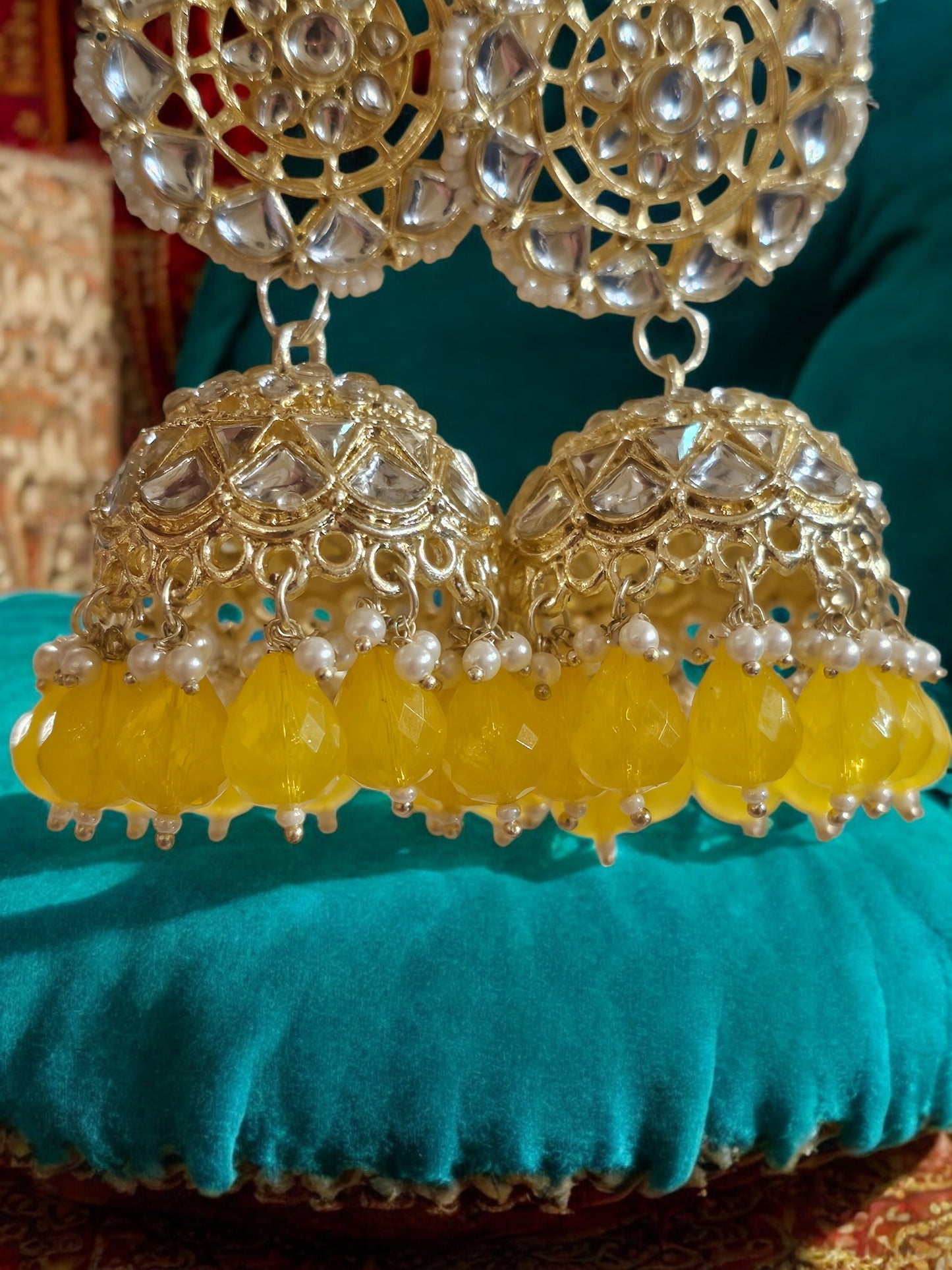 Kundan Blossom Jhumka Earrings – Gold Finish with Yellow Beads & Pearls