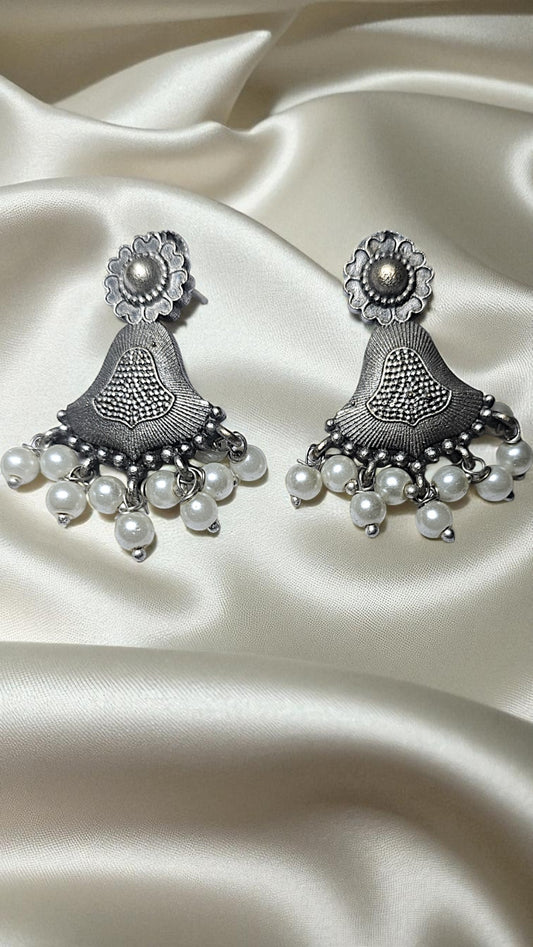 Floral Bell Oxidised Pearl Drop Earrings