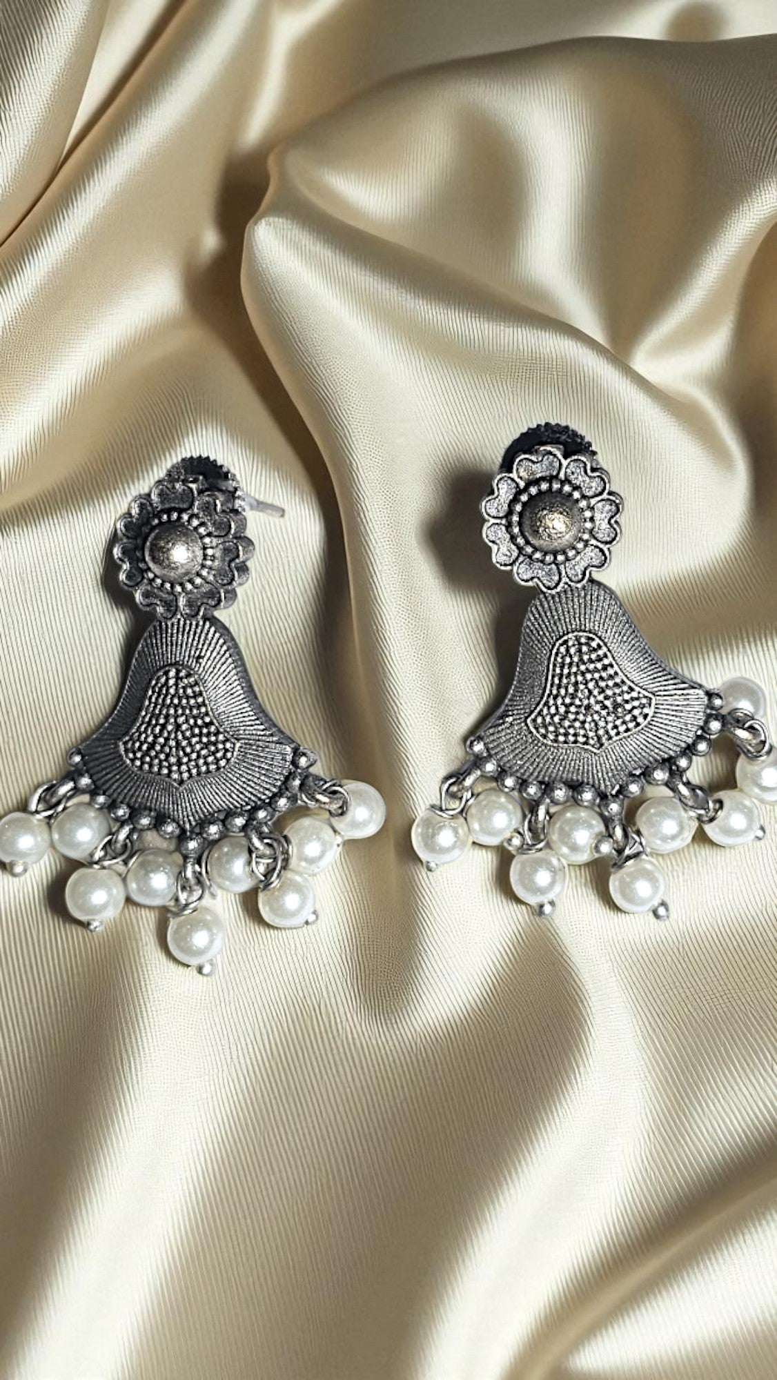 Floral Bell Oxidised Pearl Drop Earrings