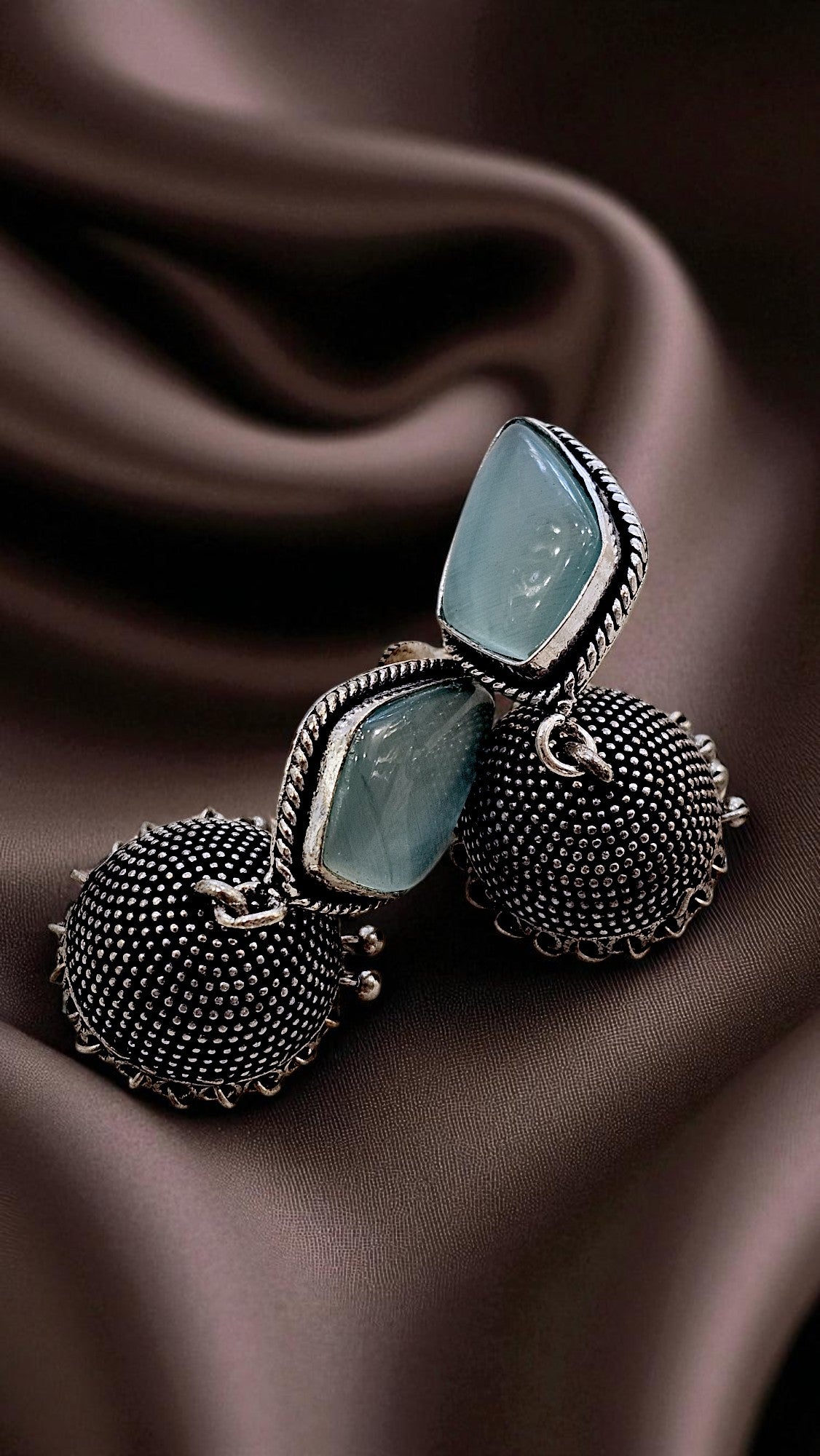 Aqua Stone Oxidised Jhumka Earrings