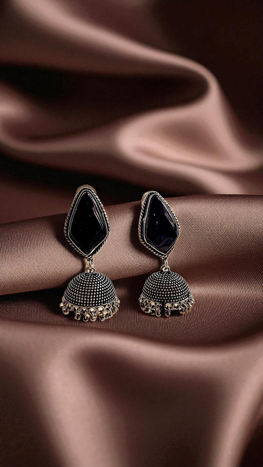 Midnight Black Stone Oxidised Jhumka Earrings