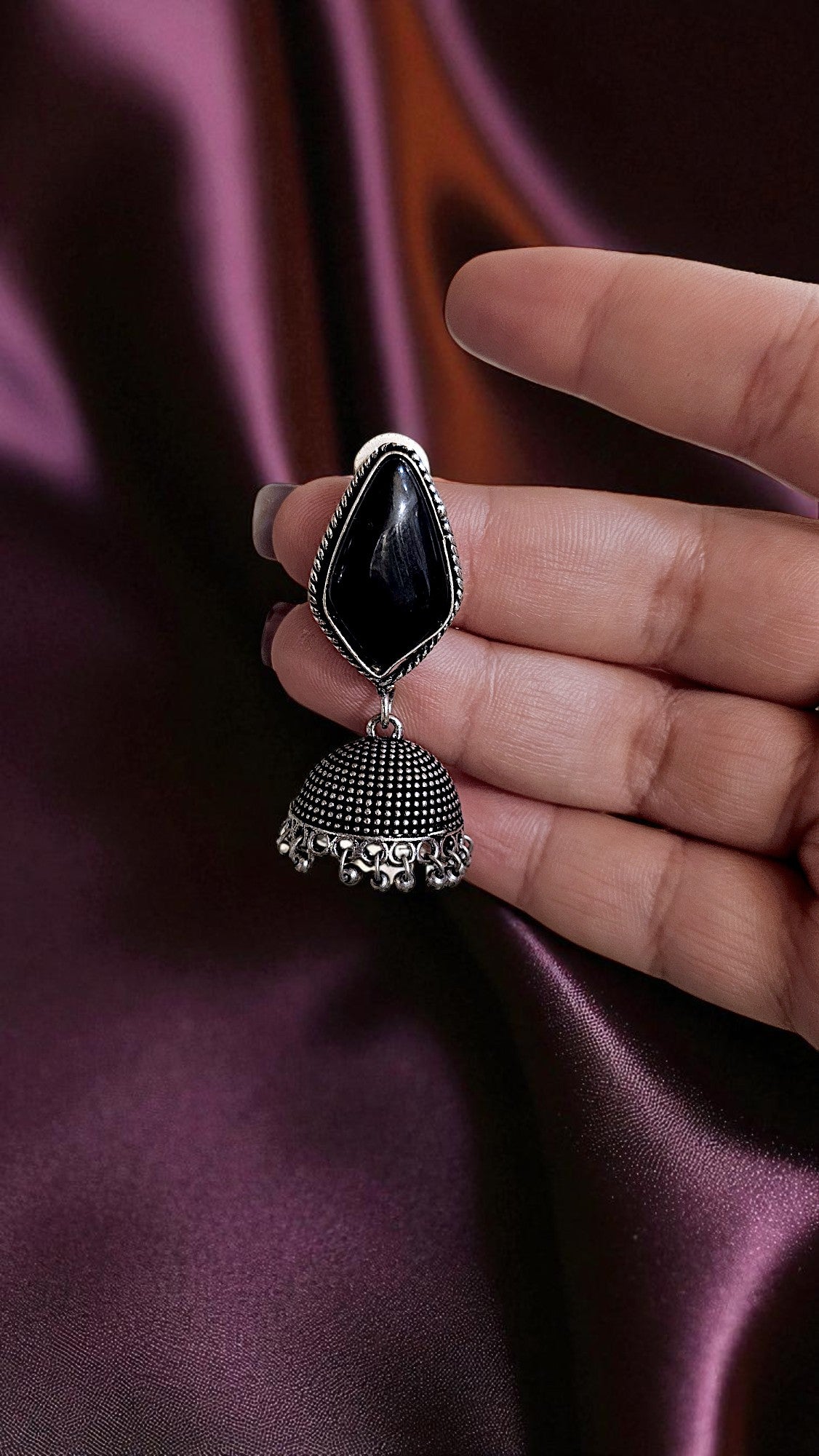 Midnight Black Stone Oxidised Jhumka Earrings
