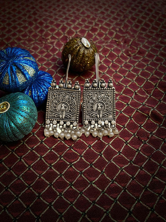 Peacock Temple Oxidised Pearl Earrings