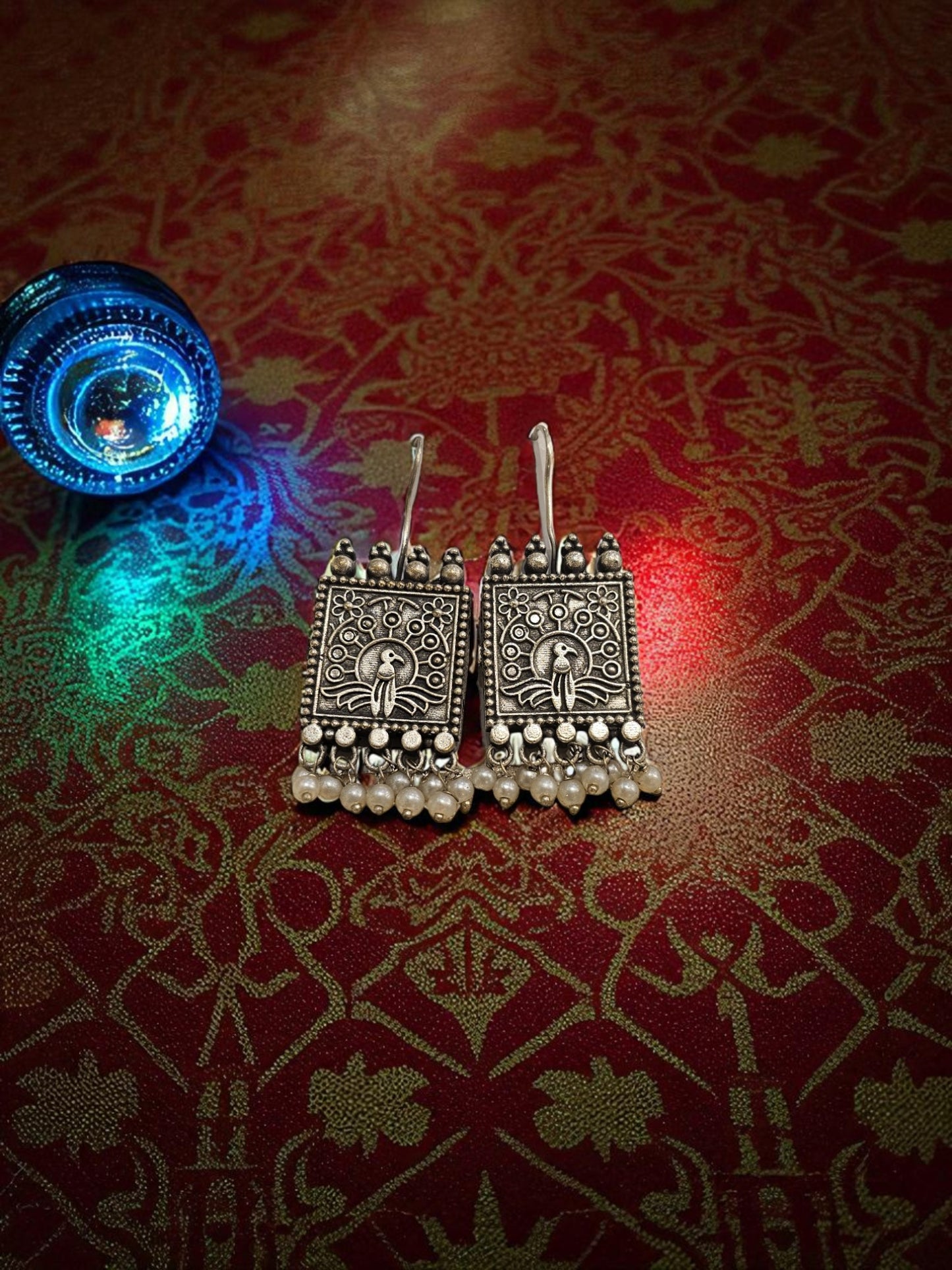 Peacock Temple Oxidised Pearl Earrings