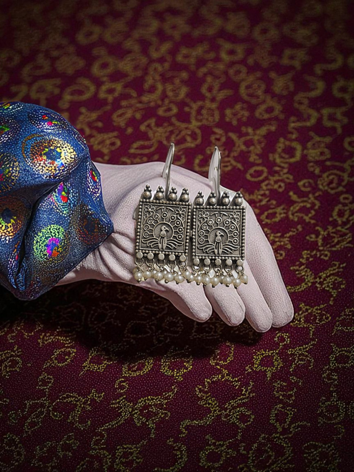 Peacock Temple Oxidised Pearl Earrings