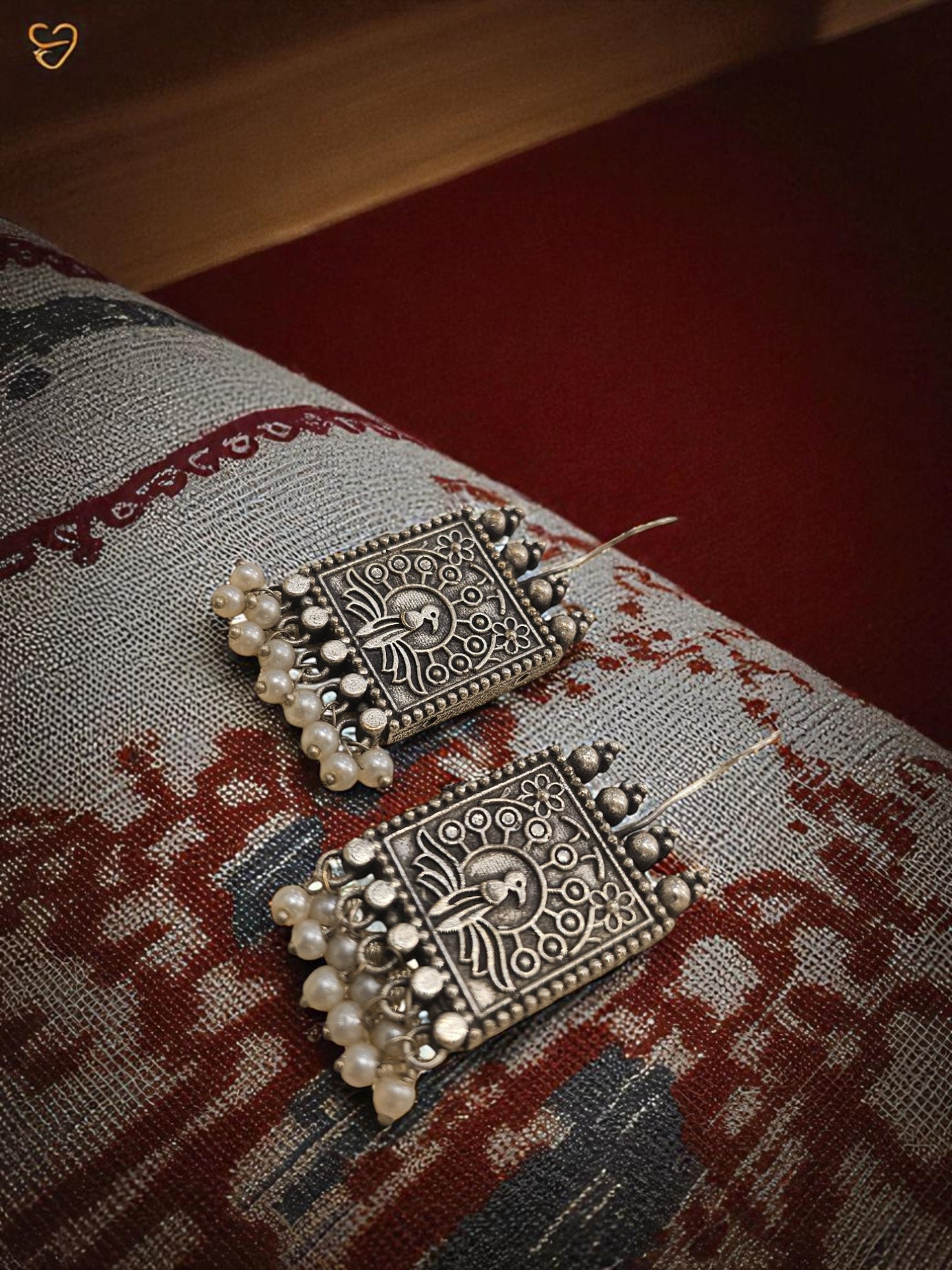 Peacock Temple Oxidised Pearl Earrings