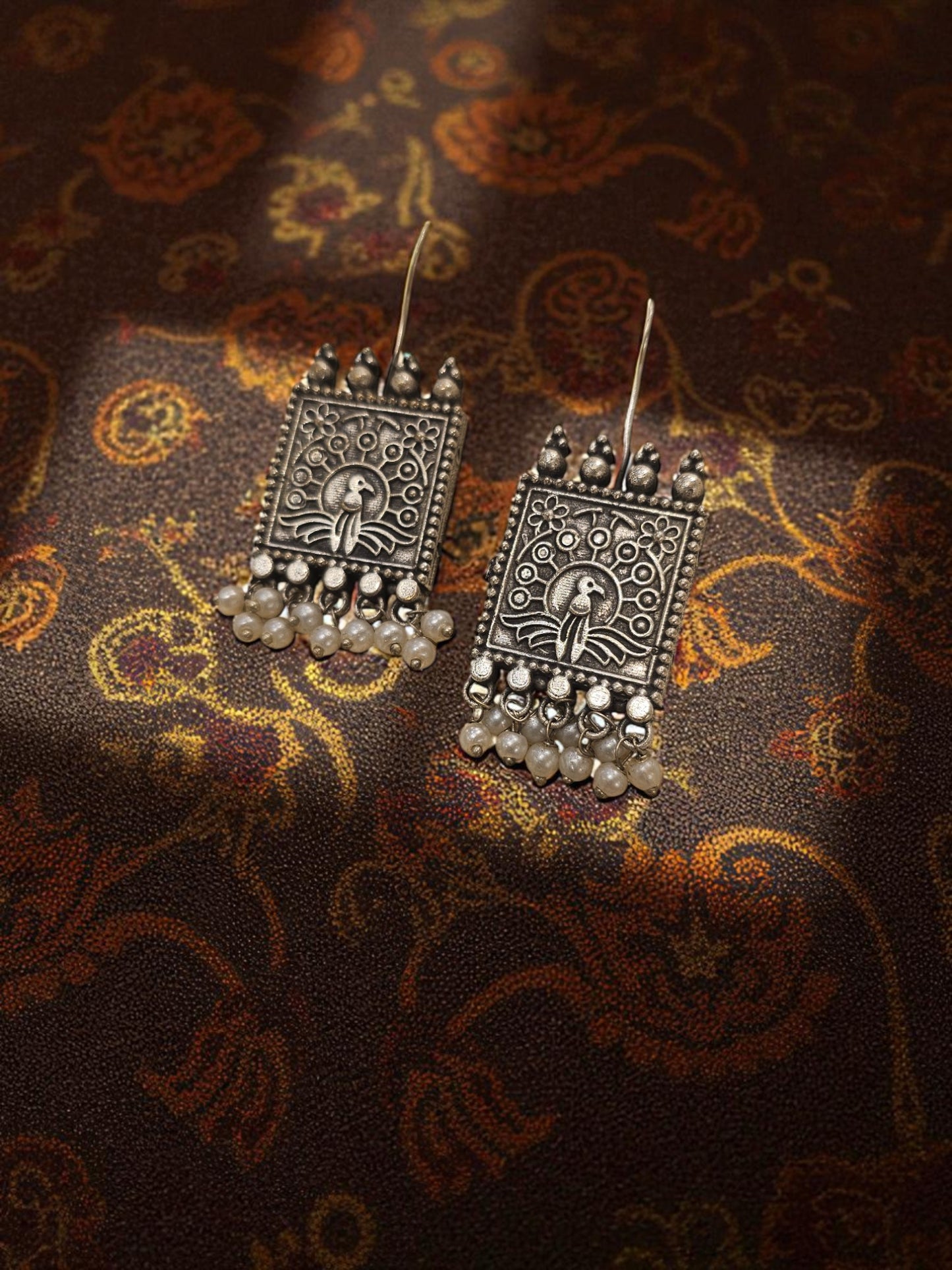 Peacock Temple Oxidised Pearl Earrings