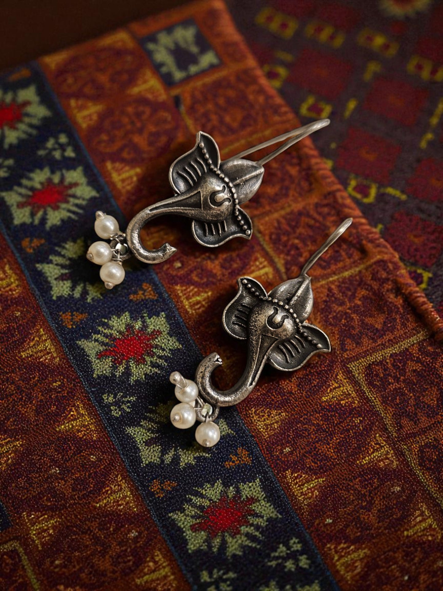 Ganesha Blessings Oxidised Pearl Earrings
