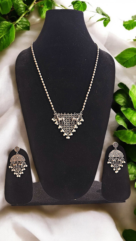 Tribal Mesh Oxidised Necklace Set with Earrings